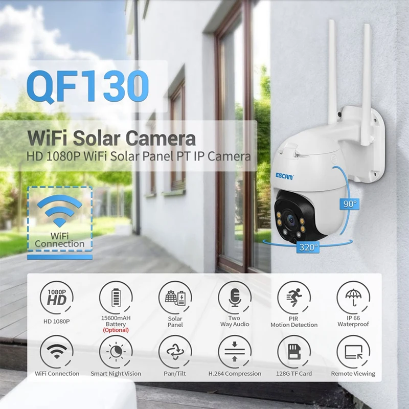 

ESCAM QF130 1080P PT WIFI Battery PIR Alarm IP Camera with Solar Panel Full Color Night Vision Audio IP66 Waterproof Camera