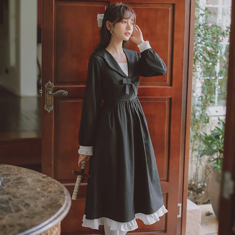 

Женское платье принцессы и Лолиты, свободное платье в японском стиле с матросским воротником и галстуком-бабочкой, весна-осень