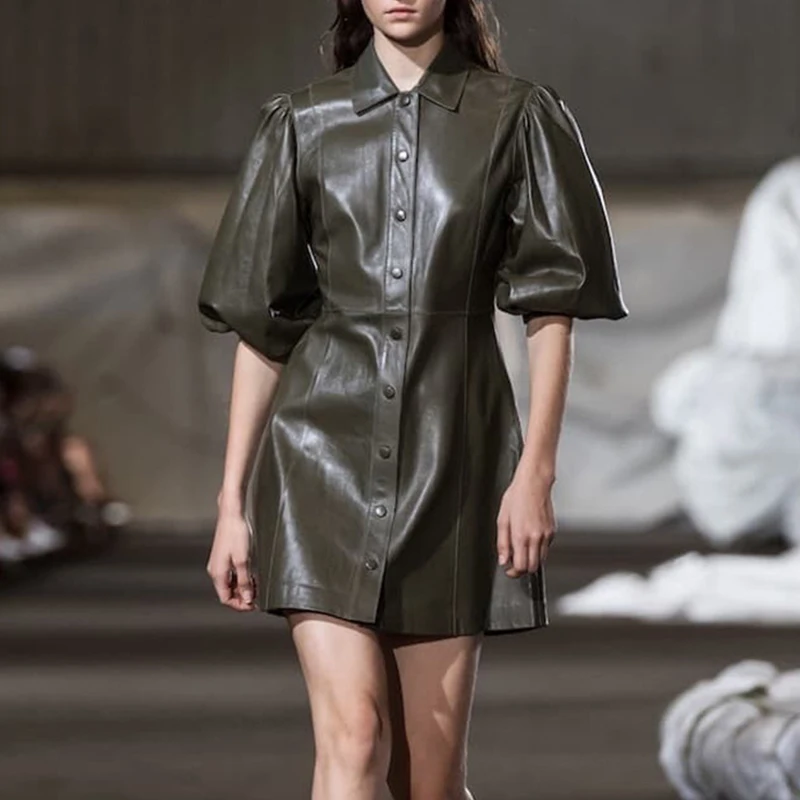 Женское кожаное платье осень PU искусственная кожа Кнопка Вниз винтажное женщины