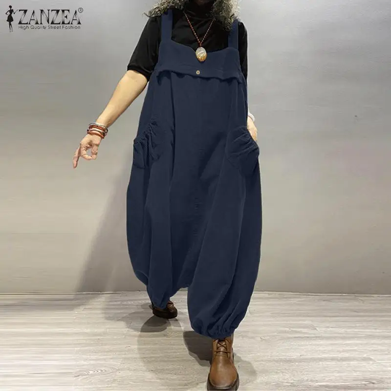 Vintage Corduroy Jumpsuits Women's Autumn Rompers 2021 ZANZEA Casual Solid Drop-Crotch Pants Plus Size Suspender Playsuits 5XL
