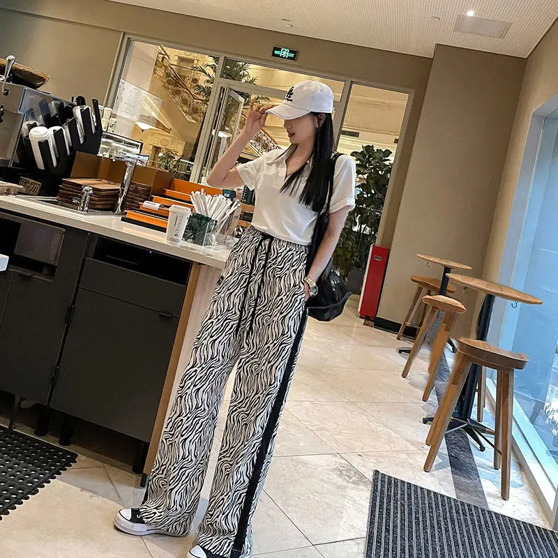 

Women 's Suit Summer Pure Cotton Zebra Print High Waist Thin Wide-Legged Pants Short Top For Women