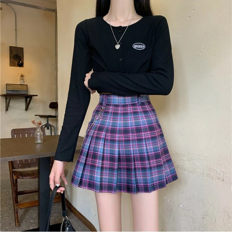 

Harajuku Women Purple Plaid Skirts Female Cute Pleated Mini Short High Waist Skirt Gothic Girls Preppy Style Summer