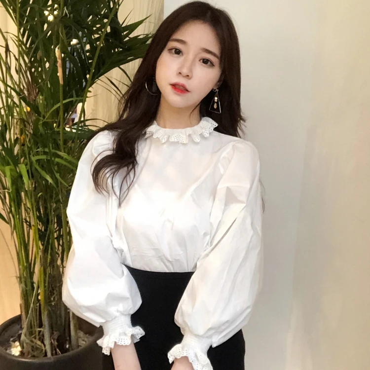 Женская блузка с рукавом фонариком тонкая Свободная кружевной строчкой