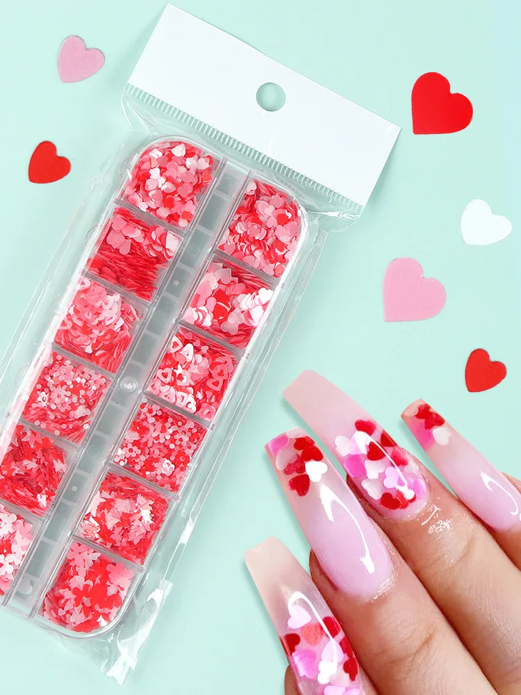 

12 Grids Mixed Red Love Heart Nail Art Sequins Shiny Valentine's Day Nail Glitter Flakes Accessories For Decor Nail Supplies