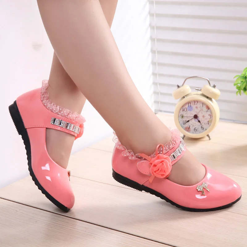 

Children Girls Shoes Fashion Lace Flower Crystal Princess Dance Shoes For Girls Kids PU Rubber Sole zapatos nia