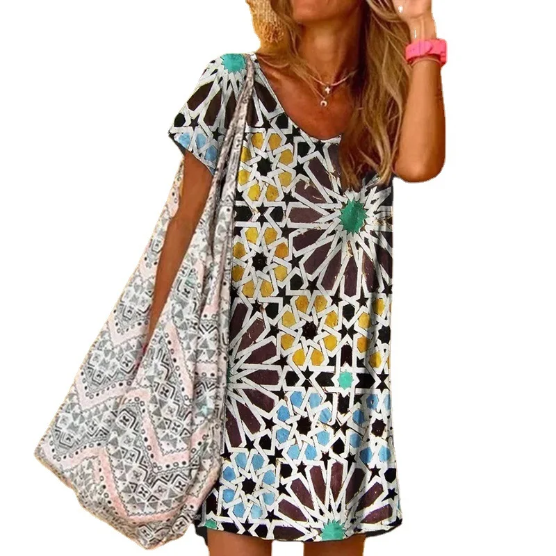 

European and American women's foreign trade new Amazon burst printed plaid flowers short-sleeved casual fashion dress