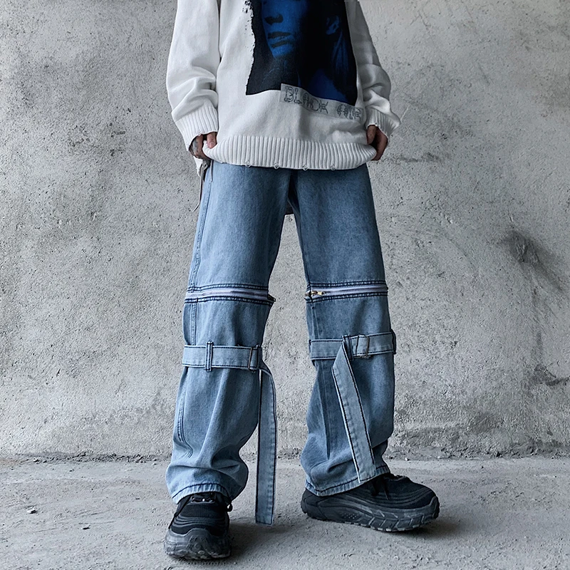 

High Street Men's Wide Leg Jeans Pants Removable Male Trousers Hip-hop Black Blue H9