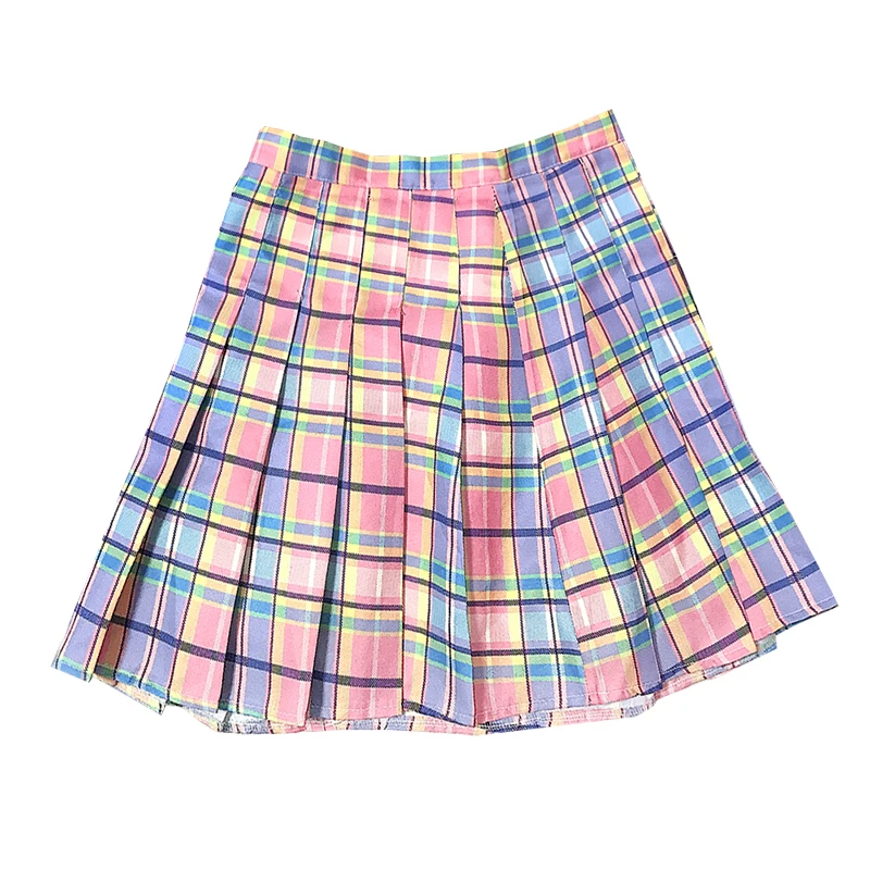 

New Summer Mini Sweet Gradient Pink Plaid Skirt Female High Waist Rainbow Skirts Jk Pleated Skirt Mujer
