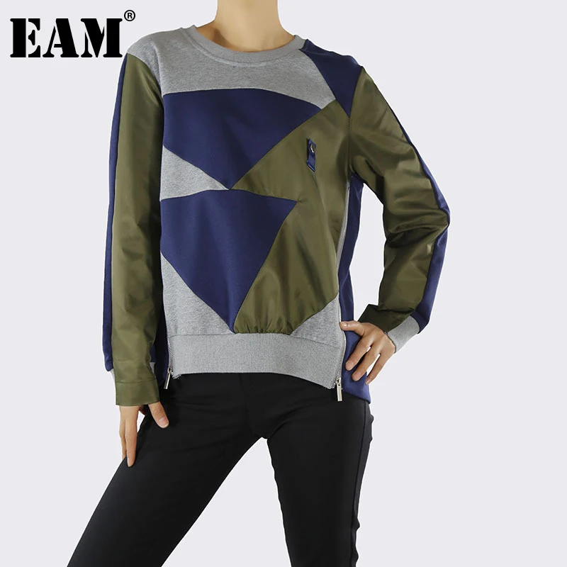 

[EAM] Loose Fit Green Color-block Sweatshirt New Round Neck Long Sleeve Women Big Size Fashion Tide Spring Autumn 2022 1DE4837