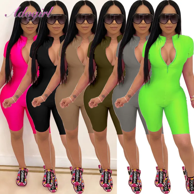 

Sexy Neon Color Zipper Up Short Sleeve Night Party Club Jumpsuit Women Outfit Biker Fitness Streetwear Playsuit Overalls Rompers