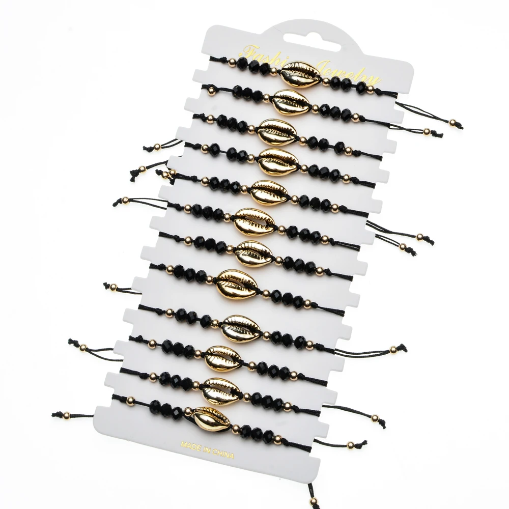 

12 pcs/lot Gold Color Shell Charm Bracelets Handmade Braided Black Crystal Bracelet Adjustable Wristband Fashion Women Jewelry
