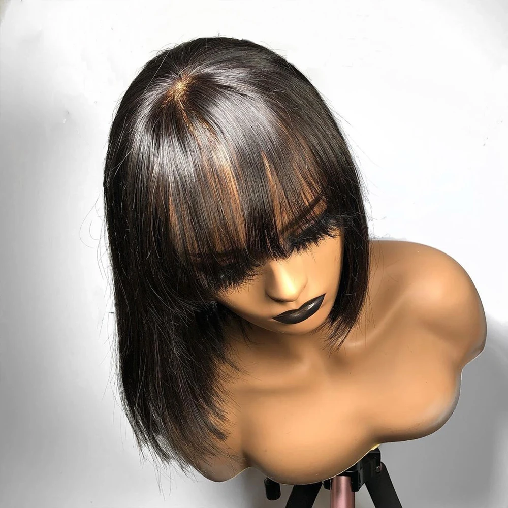 Silky Straight With Bangs Natural Black Brazilian Human Hair Wigs Full Lace Short Bob 13x4 Lace Front Wigs For White/Black Women