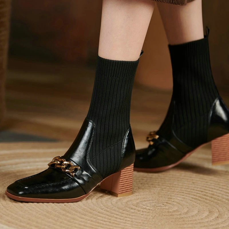 

Fashion Women's Winter Boots Female Genuine Leather knitting High Heels Boots For Women Party wedding Basic Shoes Woman