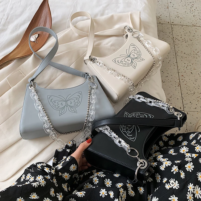 

Elegant Soft Leather Handbag Women Chain Fashion Butterfly Print Shoulder bags Acrylic Baguette Shape Bag Female Messenger Bags
