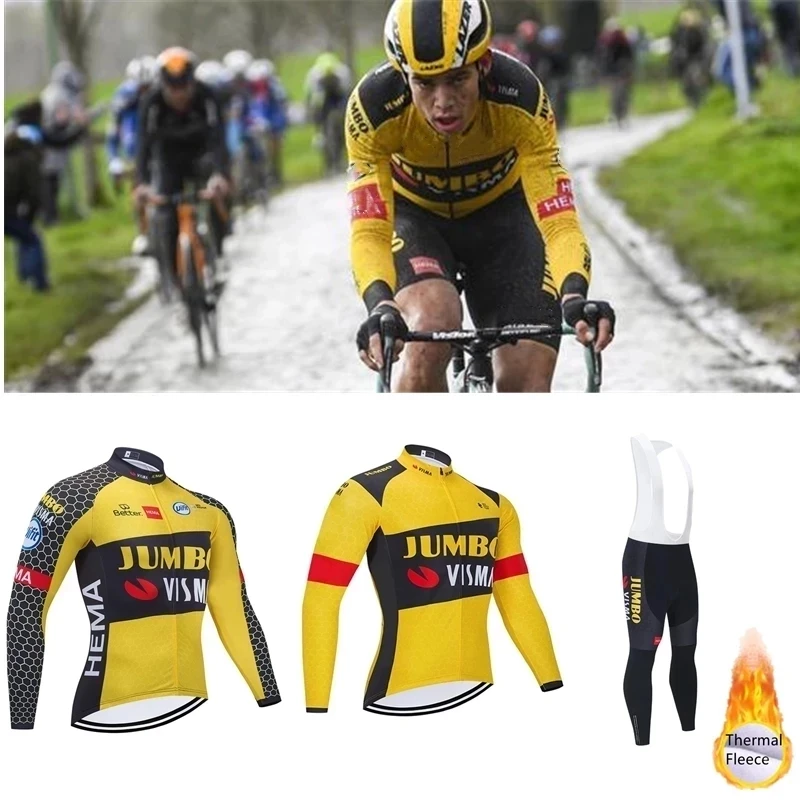 

JUMBO VISMA Men's Winter Warm Fleece Cycling Suit Set Mountain Bike Cycling Jersey Long Sleeve Bib 2021 Cycling Team Clothing