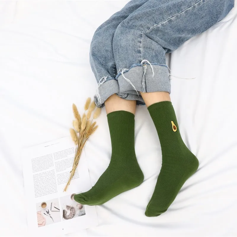 

Cute Cartoon Fruit Print Avocado Banana Cherry Peach Girls Kawaii Socks Korean Harajuku Embroidery Pile Heap Funny Socks