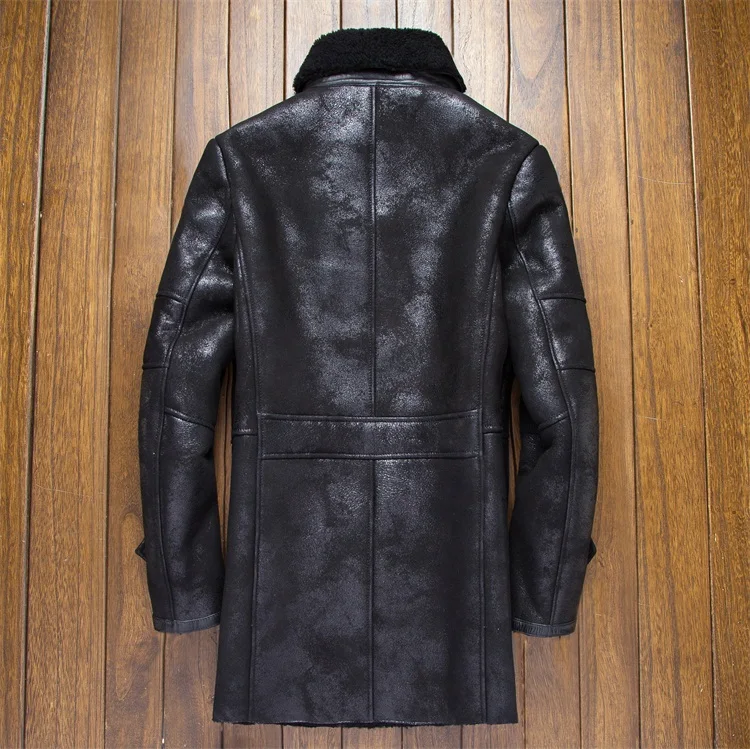 Мужская двубортная куртка из натуральной овчины черная длинная большого размера