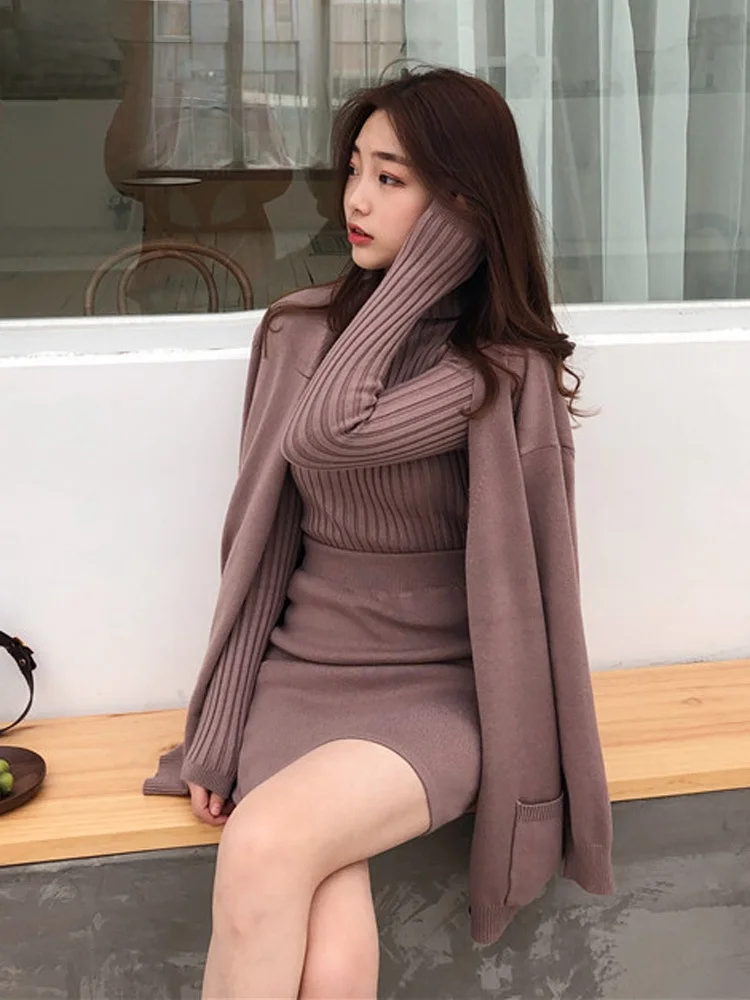 

Casual Turtleneck Pullovers Sweater Loose Long Sleeve V Neck Cardigan Jacket High Waist Wrap Hip Knit Skirt Retro 3 Piece Set