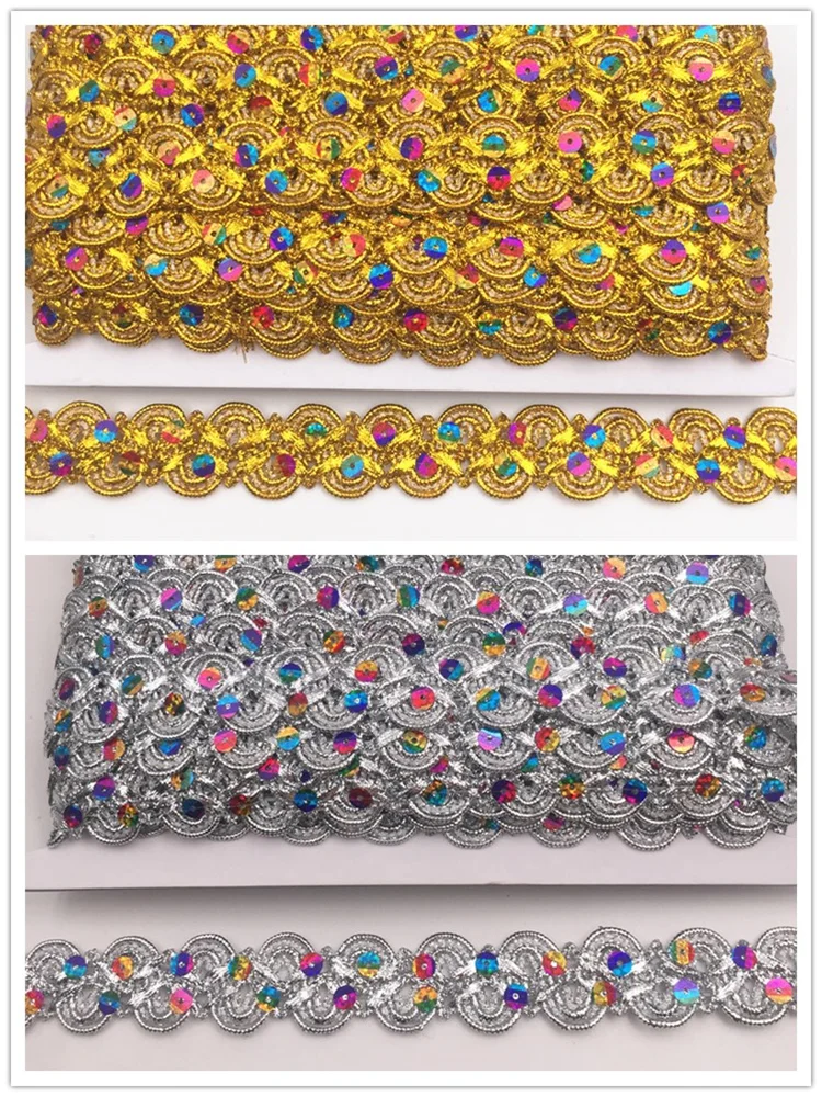 10 ярдов 2 см Золотой и серебристый цвета Bling кружево с блестками платье вышивкой