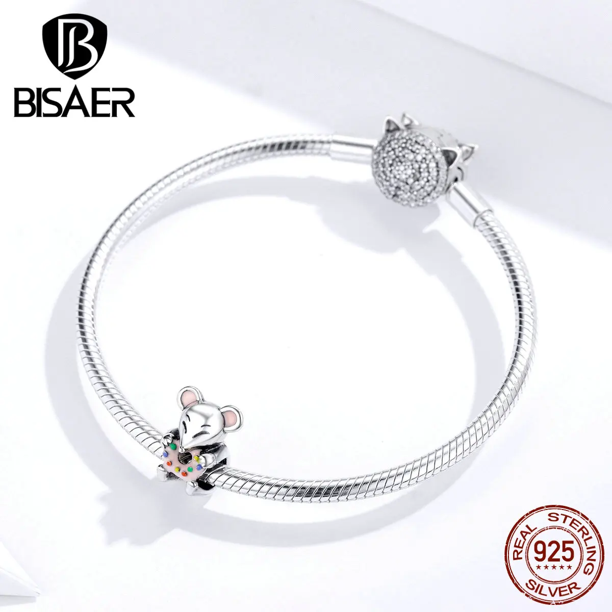 BISAER, 925 пробы, серебряный, милый, маленький мышонок, животное, Очаровательные Подвески для женщин, очаровательный браслет, сделай сам, изготовление ювелирных изделий GXC1318