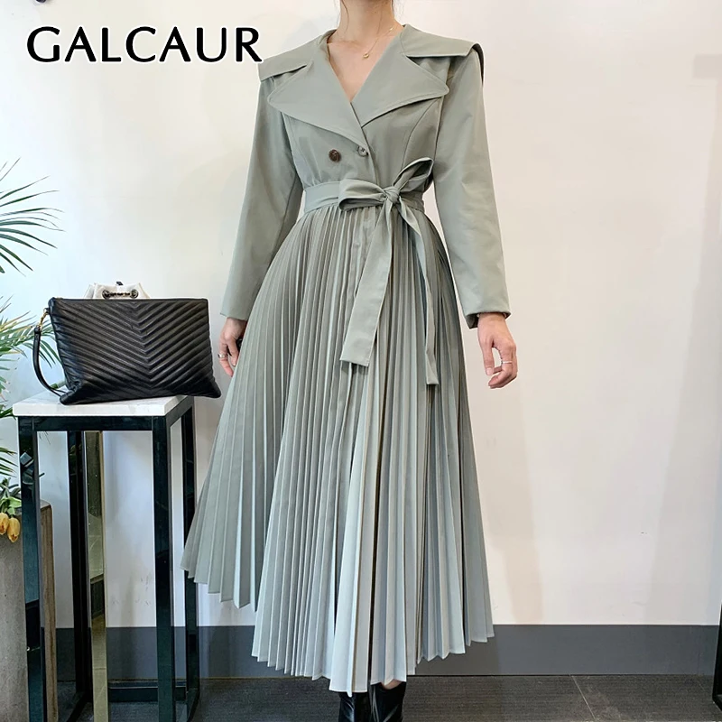 

Повседневное свободное Плиссированное пальто GALCAUR с отложным воротником, длинным рукавом, высокой талией и поясом, модная женская одежда