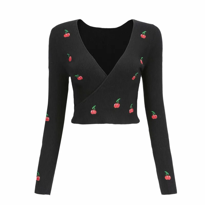 Vintage Cherry Embroidery Short Knitted Sweater Sexy Crossing V Neck Long Sleeve Women Pullovers Autumn Winter | Женская одежда