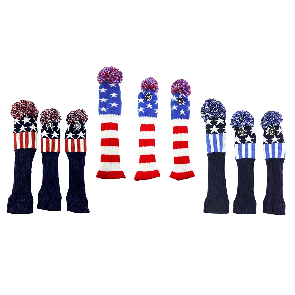 

3pcs Golf Club #3 #5 Knit Pom Pom Head Cover Driver Fairway Wood Hybrid Headcover for Driver Club Fairway Woods Club