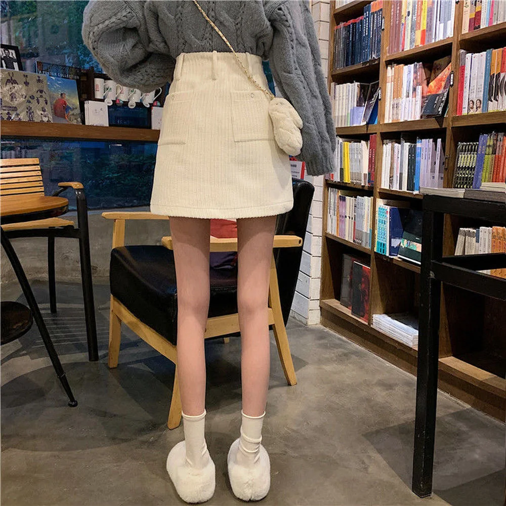 

Aline Skirts Womens Solid Corduroy Vintage Empire Pockets Soft Above Knee Retro Ulzzang Leisure Preppy Style Female Clothing Hot