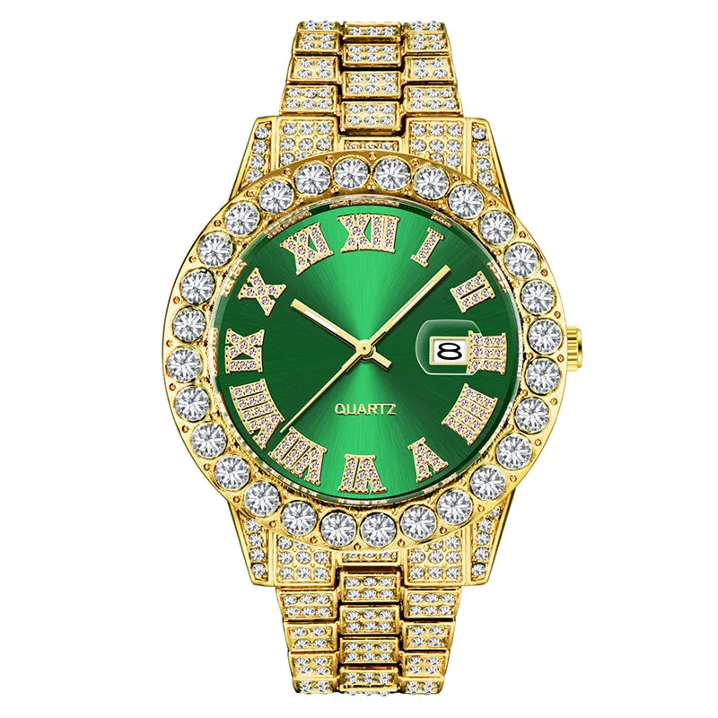 

Golden Full Diamond Men Brand Luxury Watches Fashion Alloy Calendar Hip Hop Business Quartz Watch Reloj Hombre Acero Inoxidable