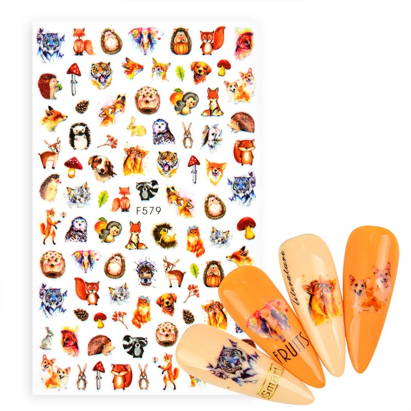 

Cute Cartoon Dog Fox Squirrel Hedgehog Nails Stickers Animals Designs Flower Butterfly Colorful Adhesive Decals Manicure Tips