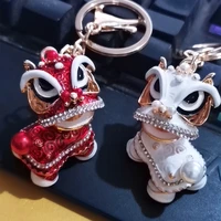 chinese style lion dance key ring key chain car pendant cute lion rhinestones keyring gift for friends car interior decorations