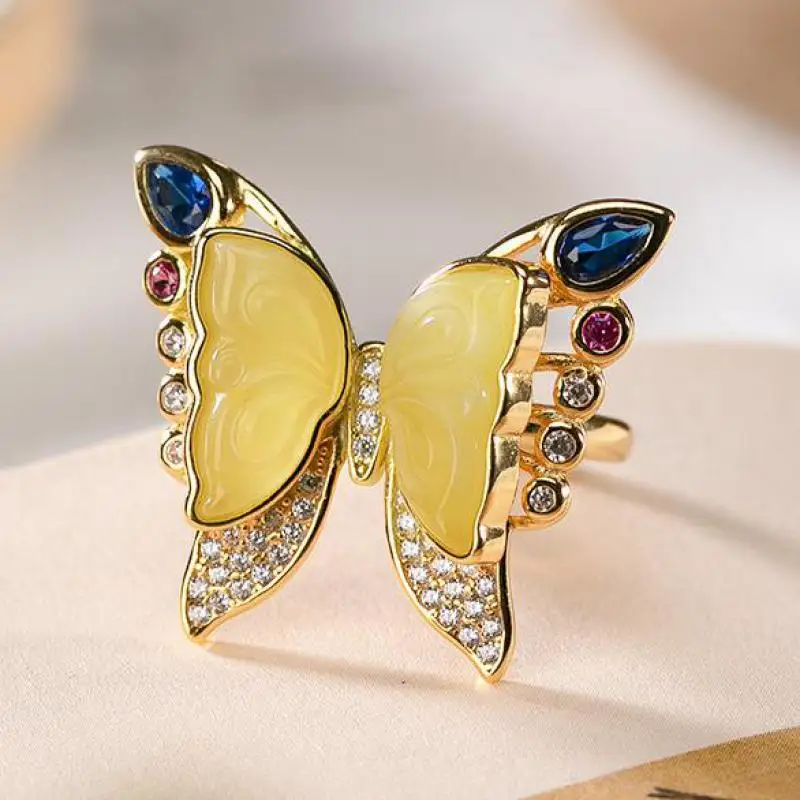 

Real Natural Baltic Amber Butterfly Rings Women 925 Sterling Silver Gold Plated Adjustable Yellow Ambers Zircon Sapphire Ring