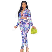 fashion sexy straps pleated digital printing long sleeved two piece suit autumn women long sleeves and pants set drop shipping