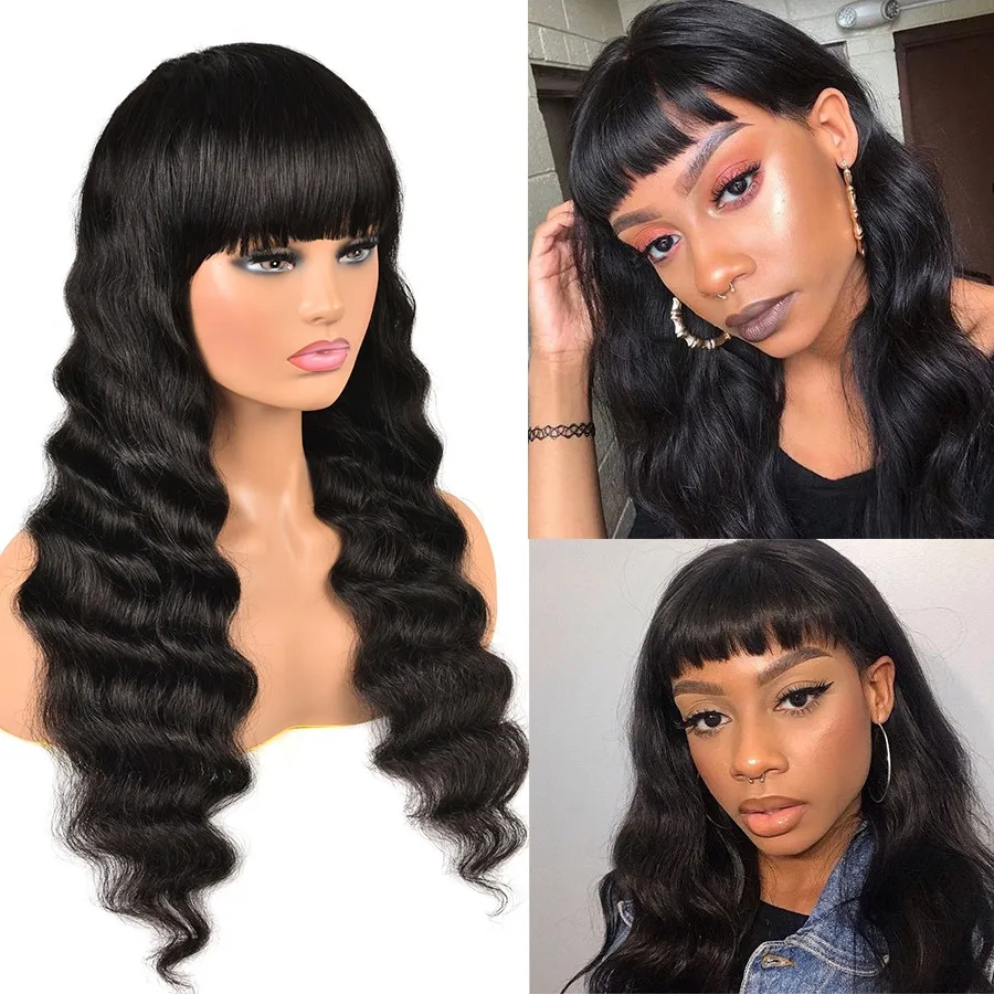 

Loose Deep Wave Wig With Bangs Full Machine Made Human Hair Wig 30 Inch Wig Brazilian Remy Hair