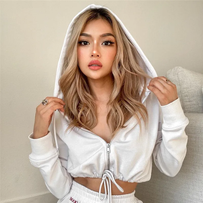 

CQ All-match casual drawstring hooded short zipper sweater coat