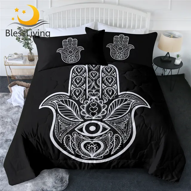 BlessLiving Zen Hand Summer Blanket Ornamental Tribal Air-conditioning Comforter Mandala Hamsa Bedspread Black Boho Thin Quilt 1