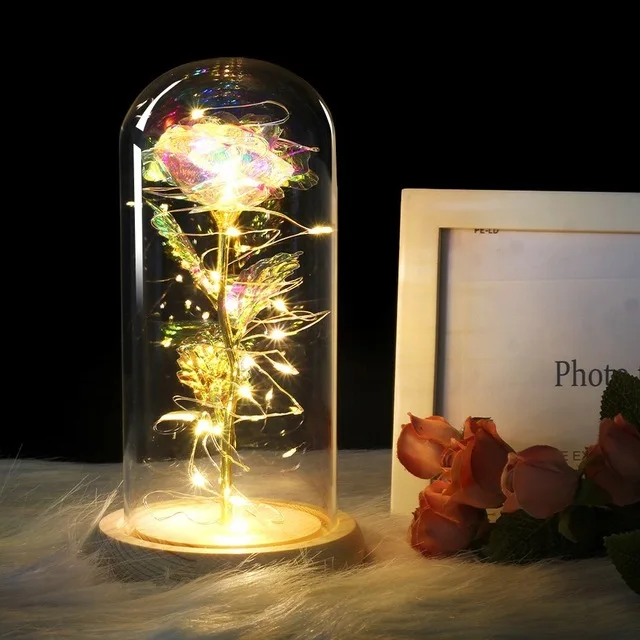 Bright color Украшение красота и чудовище вечный цветок Роза в колбе с светодиодный светильник в стеклянном куполе для свадьбы Рождественский подарок - Цвет: Bright color