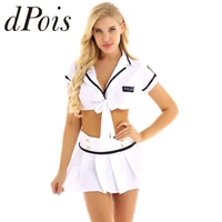 2pcs women cheerleader officer policewoman uniform short sleeve crop top pleated mini skirt lingerie set cheerleading uniforms