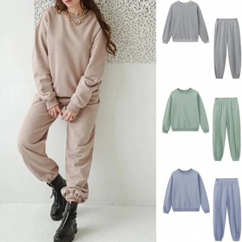 

Solid Fleece O-neck Women's Tracksuit Sets 2021 Autumn Long Sleeve Thickening Sportwear Two Piece Set Ladies Casual Sport Suits