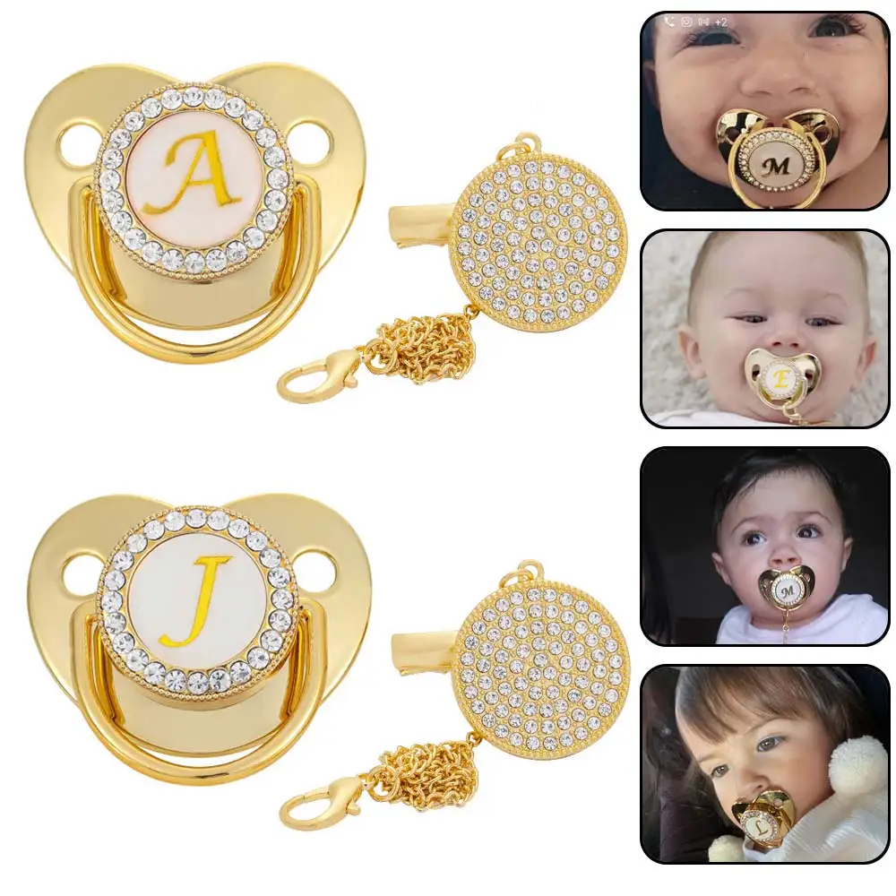 

Personalized Baby Pacifier Dummy Nipple with Rhinestones Soother Clip Chain 26 Letters Silicone Teethers Baby Shower Gift Infan