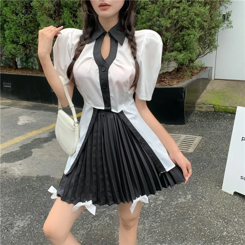 

Korejepo Women Two Piece Set 2021 Summer New French Style Sweet Contrast Color Retro Slim Irregular Shirt Bow Pleated Skirt Suit