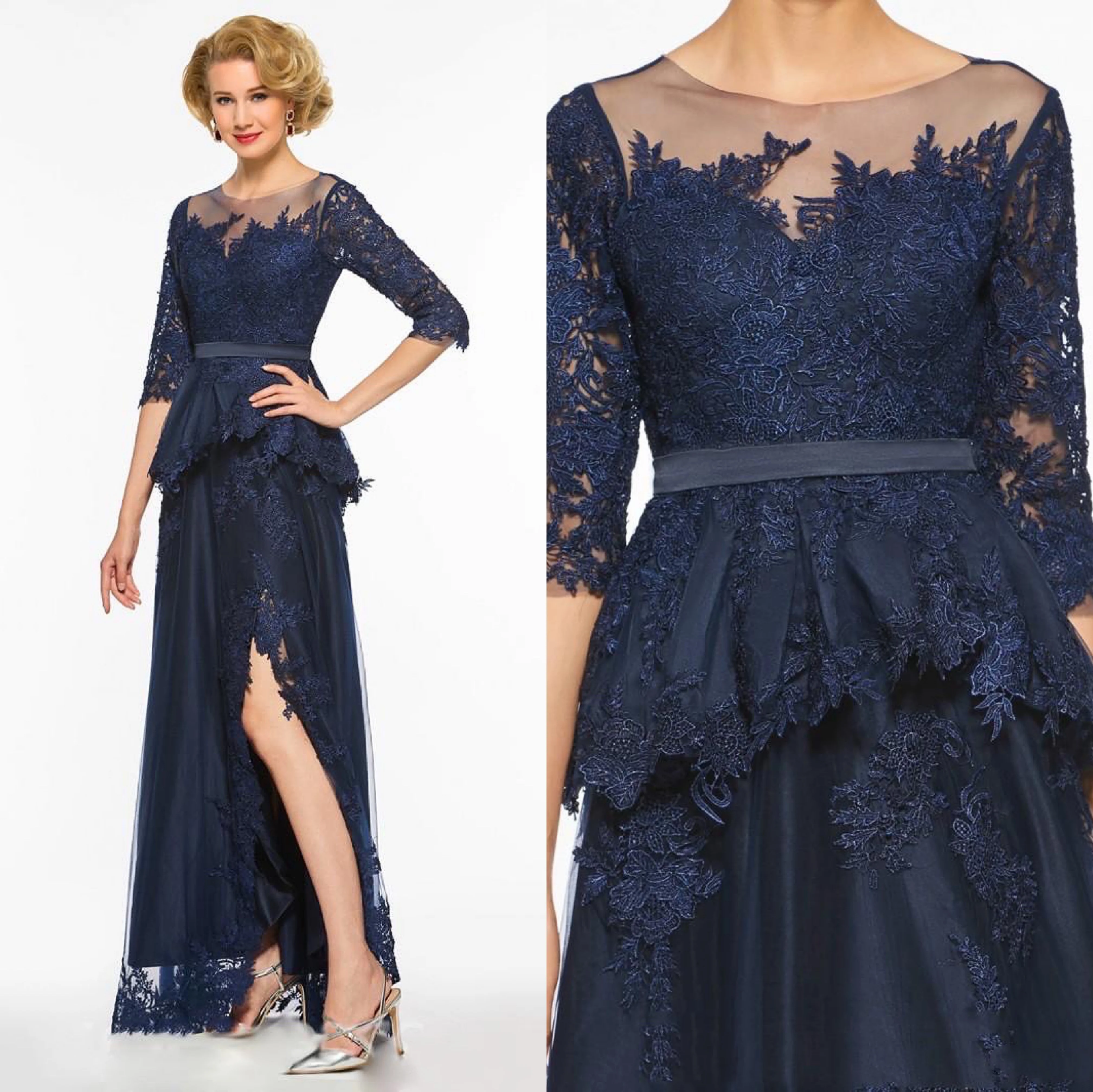 

Navy Blue Mother Of The Bride Dresses 3/4 Sleeves Appliques Lace Plus Size A-Line Wedding Evening Prom Mother Gowns Formal 2021