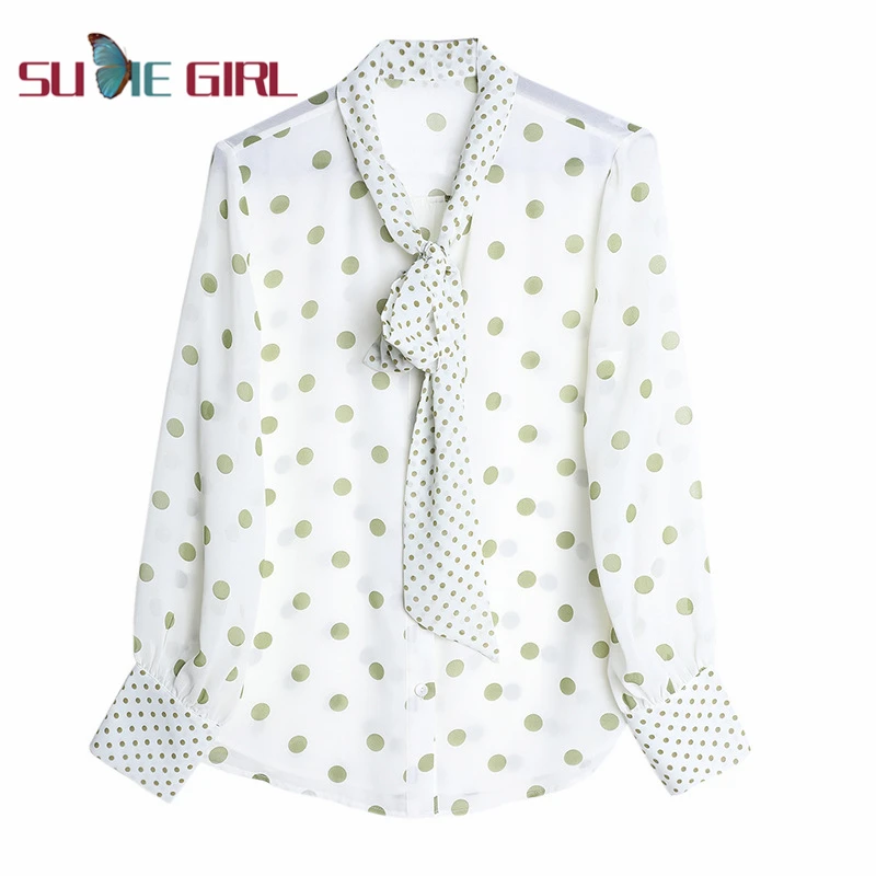 

SUDIE Girl Spliced streamer polka dot top loose commuter chiffon shirt, 2020 autumn women's long-sleeve butterfly collar shirt