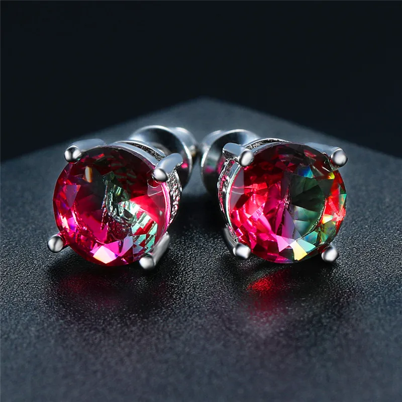 Red Green Earrings Круглый Мистический Огонь кристалл клипсы с камнем Серьги для женщин мужчин 925 Серебряный Цвет Радуга синий зеленый циркониевый Двойные серьги свадьба - Окраска металла: Red Green Earrings