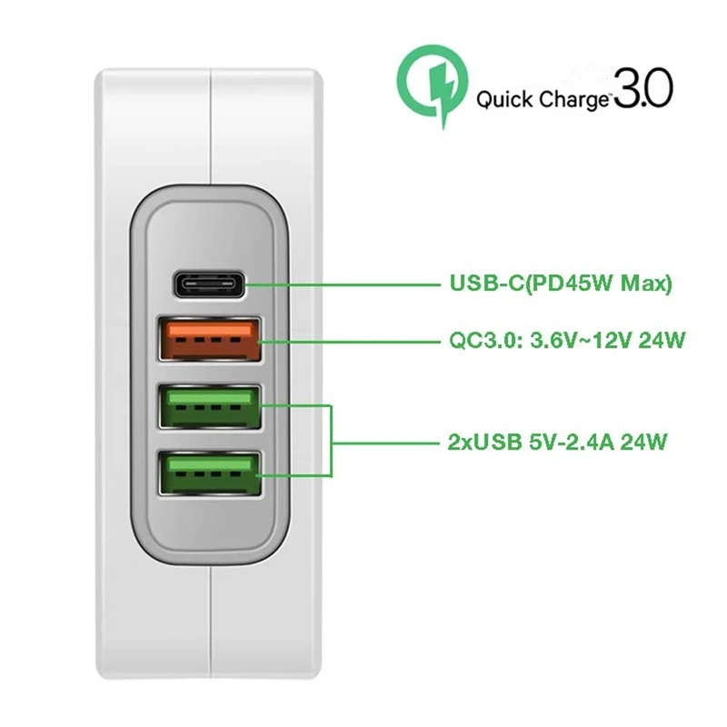 Штепсельная Вилка европейского стандарта Type-C PD 45 Вт 4 порта USB зарядное