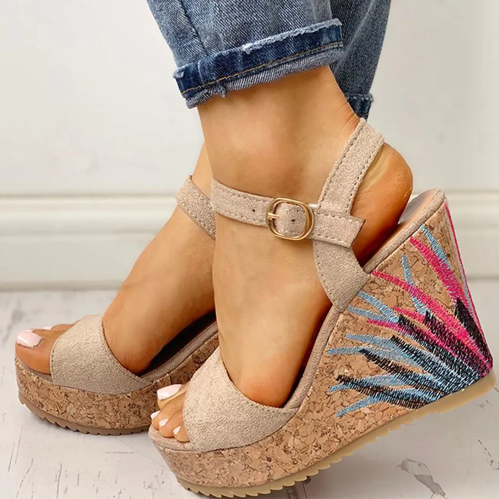 

2021 Dropship Wedges Shoes High Heels Casual Platform Print Comfortable Summer Ankle-strap Women Shoes Woman Sandals