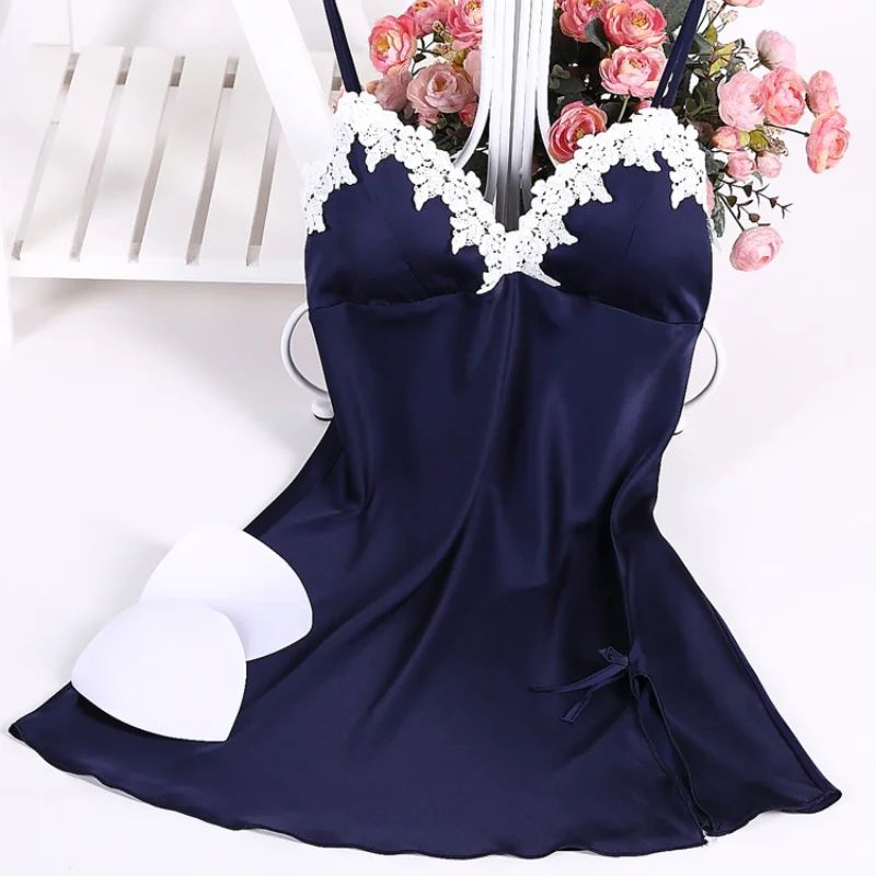 

Night Sleep Halter Dress Women Underwear Lingerie Sling Lace Embroidery V-Neck Sexy Nightdress Sleeveless Satin Silk Nightgown