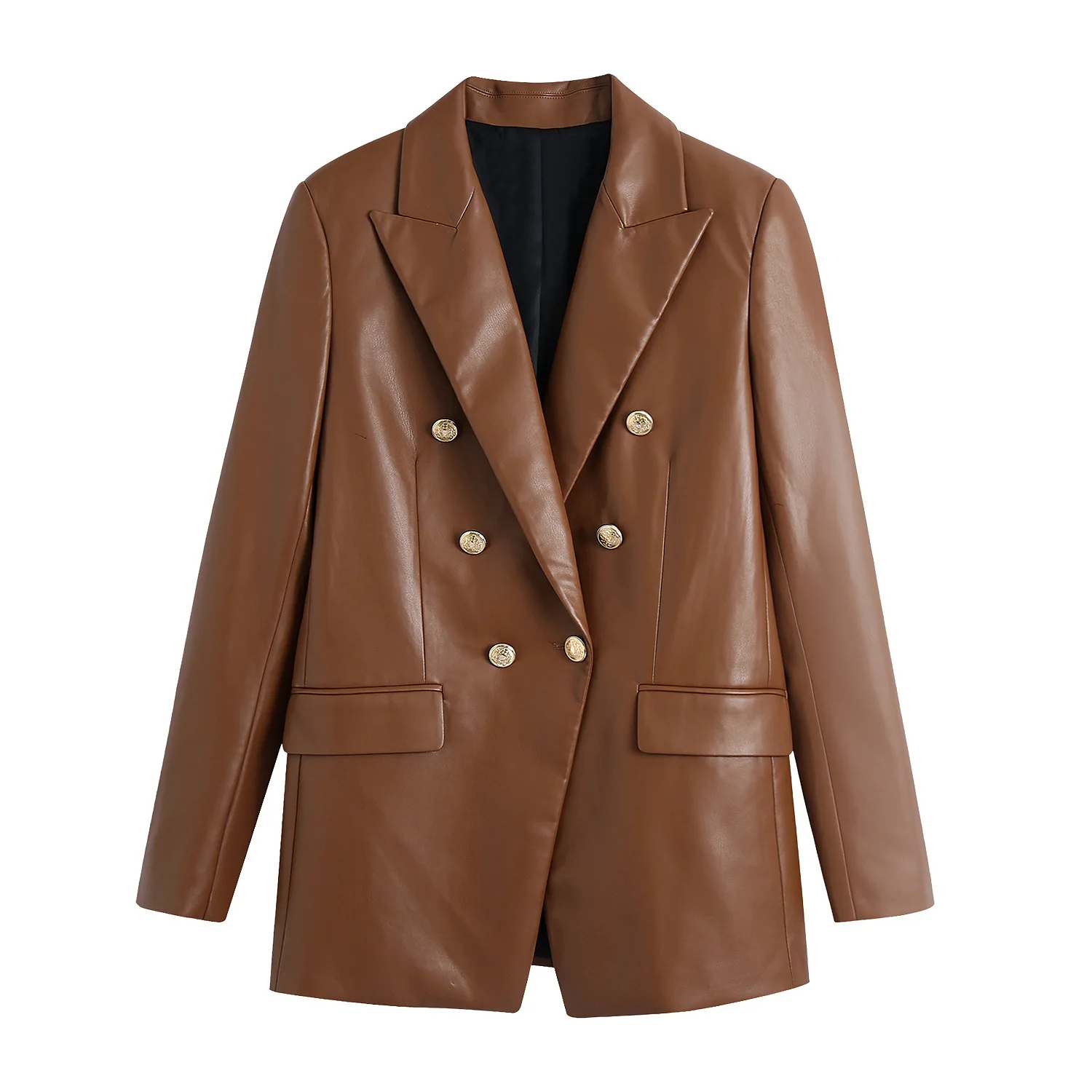 

Jackets Ladies Winter 2021 New Product Retro Double-breasted Lapel Women's PU Leather Suit Pure Color Hoodless Long Coat Women