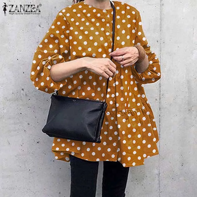 

Женские осенние Топы в горошек, модная блузка ZANZEA 2021, стильная блузка с длинным рукавом, женская элегантная рубашка с круглым вырезом, Повсе...