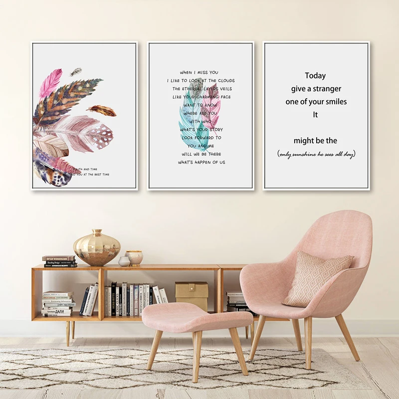Скандинавский постер с розовыми перьями и цитатами абстрактная настенная